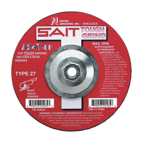 Sait - 24 Grit, 4-1/2" Wheel Diam, 1/4" Wheel Thickness, Type 27 Depressed Center Wheel - Aluminum Oxide, Resinoid Bond, T Hardness, 13,300 Max RPM, Compatible with Angle Grinder - Exact Industrial Supply