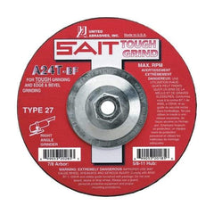 Sait - 24 Grit, 4-1/2" Wheel Diam, 1/4" Wheel Thickness, Type 27 Depressed Center Wheel - Aluminum Oxide, Resinoid Bond, T Hardness, 13,300 Max RPM, Compatible with Angle Grinder - Exact Industrial Supply