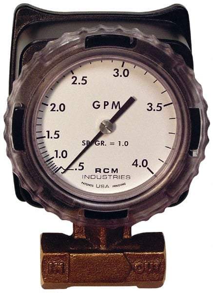 Made in USA - 1/2" NPT Port RCM Industries Flo-Gage Flowmeter - 180 Max psi, 0.5 to 4 GPM, Bronze - Exact Industrial Supply