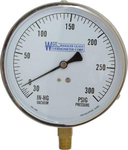 WGTC - 4-1/2" Dial, 1/4 Thread, 30-0-300 Scale Range, Pressure Gauge - Lower Connection Mount, Accurate to 1% of Scale - Exact Industrial Supply