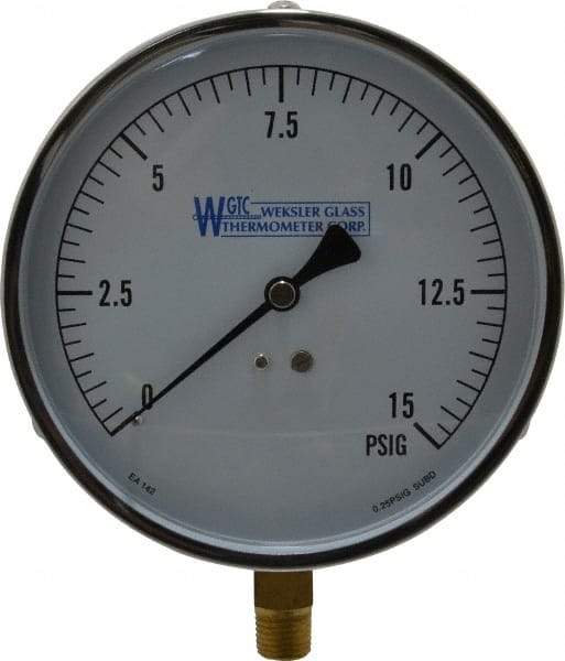 WGTC - 4-1/2" Dial, 1/4 Thread, 0-15 Scale Range, Pressure Gauge - Lower Connection Mount, Accurate to 1% of Scale - Exact Industrial Supply