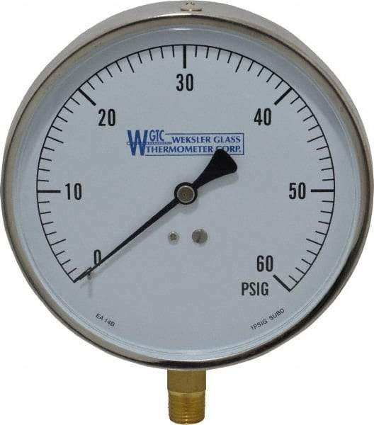 WGTC - 4-1/2" Dial, 1/4 Thread, 0-60 Scale Range, Pressure Gauge - Lower Connection Mount, Accurate to 1% of Scale - Exact Industrial Supply