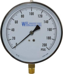 WGTC - 4-1/2" Dial, 1/4 Thread, 0-200 Scale Range, Pressure Gauge - Lower Connection Mount, Accurate to 1% of Scale - Exact Industrial Supply