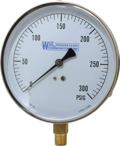 WGTC - 4-1/2" Dial, 1/4 Thread, 0-300 Scale Range, Pressure Gauge - Lower Connection Mount, Accurate to 1% of Scale - Exact Industrial Supply