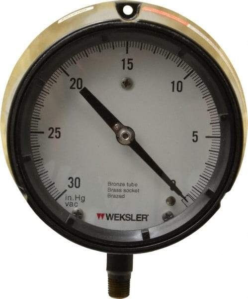 Made in USA - 4-1/2" Dial, 1/4 Thread, 30-0 Scale Range, Pressure Gauge - Lower Connection Mount, Accurate to 1% of Scale - Exact Industrial Supply
