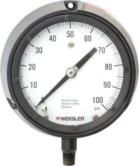 Made in USA - 4-1/2" Dial, 1/4 Thread, 0-100 Scale Range, Pressure Gauge - Lower Connection Mount, Accurate to 1% of Scale - Exact Industrial Supply