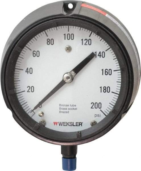 Made in USA - 4-1/2" Dial, 1/4 Thread, 0-200 Scale Range, Pressure Gauge - Lower Connection Mount, Accurate to 1% of Scale - Exact Industrial Supply
