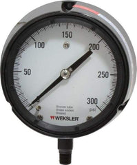 Made in USA - 4-1/2" Dial, 1/4 Thread, 0-300 Scale Range, Pressure Gauge - Lower Connection Mount, Accurate to 1% of Scale - Exact Industrial Supply