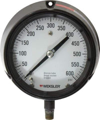 Made in USA - 4-1/2" Dial, 1/4 Thread, 0-600 Scale Range, Pressure Gauge - Lower Connection Mount, Accurate to 1% of Scale - Exact Industrial Supply