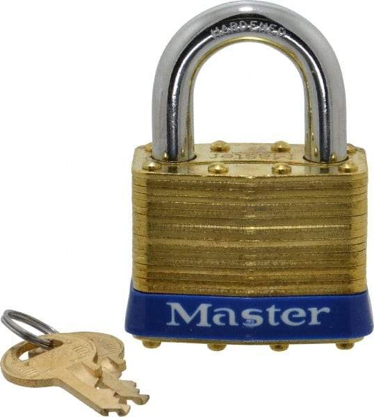 Master Lock - 1" Shackle Clearance, Keyed Alike Laminated Brass Padlock - 3/8" Shackle Diam, Brass - Exact Industrial Supply