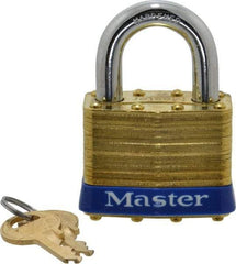 Master Lock - 1" Shackle Clearance, Keyed Alike Laminated Brass Padlock - 3/8" Shackle Diam, Brass - Exact Industrial Supply