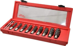 Milwaukee Tool - 9 Piece, 1/2 to 15/16" Cutter Diam, 2" Cutting Depth, Steel Annular Cutter Set - Bright Finish, 3/4" Shank Diam, 1/2", 9/16", 5/8", 11/16", 3/4", 13/16", 7/8", 15/16", 1-1/16" Cutter Diams, 2 Flats on Shank - Exact Industrial Supply