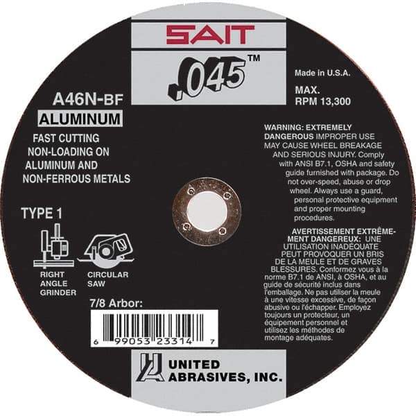 Sait - 4-1/2" 46 Grit Aluminum Oxide Cutoff Wheel - 0.045" Thick, 7/8" Arbor, 13,300 Max RPM, Use with Angle Grinders - Exact Industrial Supply
