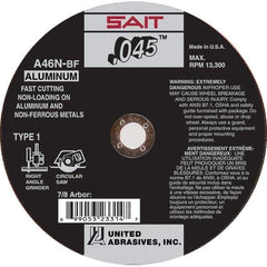 Sait - 6" 46 Grit Aluminum Oxide Cutoff Wheel - 0.045" Thick, 7/8" Arbor, 10,200 Max RPM, Use with Angle Grinders - Exact Industrial Supply