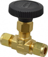 Parker - 3,000 Max psi, 3/8" Pipe, Brass, Inline Instrumentation Needle Valve - Compression x Compression CPI End Connections - Exact Industrial Supply