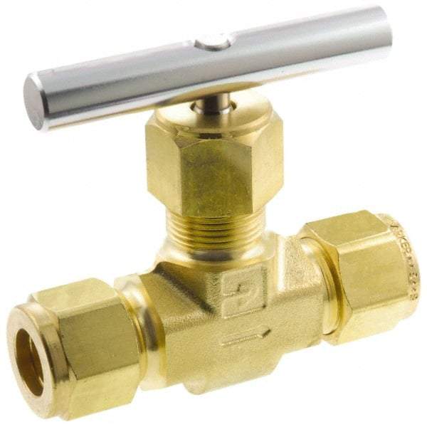 Parker - 3,000 Max psi, 1/2" Pipe, Brass, Inline Instrumentation Needle Valve - Compression x Compression CPI End Connections - Exact Industrial Supply