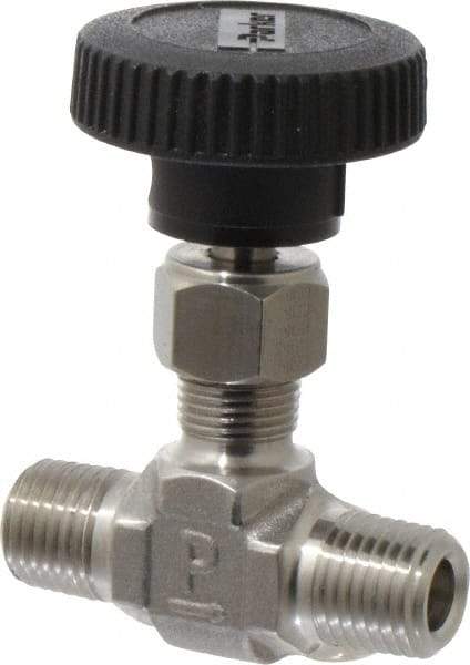 Parker - 5,000 Max psi, 1/4" Pipe, 316 Grade Stainless Steel, Inline Instrumentation Needle Valve - MNPT x MNPT End Connections - Exact Industrial Supply