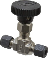 Parker - 5,000 Max psi, 1/4" Pipe, 316 Grade Stainless Steel, Inline Instrumentation Needle Valve - Compression x Compression CPI End Connections - Exact Industrial Supply