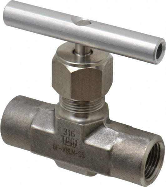 Parker - 5,000 Max psi, 3/8" Pipe, 316 Grade Stainless Steel, Inline Instrumentation Needle Valve - FNPT x FNPT End Connections - Exact Industrial Supply