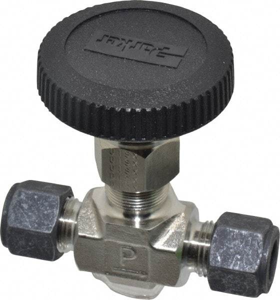 Parker - 5,000 Max psi, 3/8" Pipe, 316 Grade Stainless Steel, Inline Instrumentation Needle Valve - Compression x Compression CPI End Connections - Exact Industrial Supply