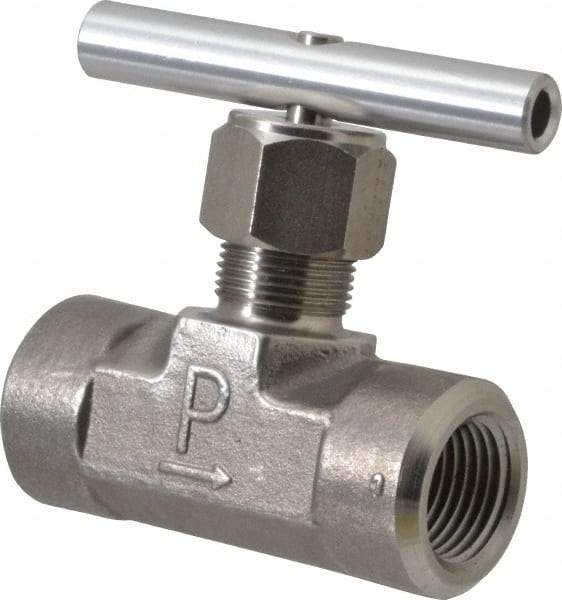 Parker - 5,000 Max psi, 1/2" Pipe, 316 Grade Stainless Steel, Inline Instrumentation Needle Valve - FNPT x FNPT End Connections - Exact Industrial Supply