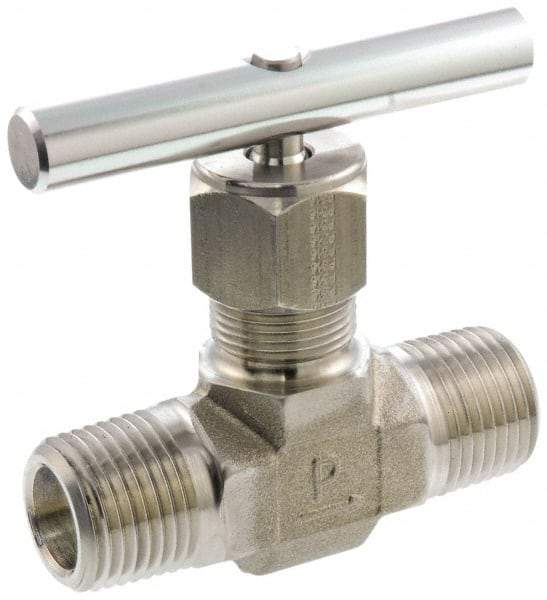 Parker - 5,000 Max psi, 1/2" Pipe, 316 Grade Stainless Steel, Inline Instrumentation Needle Valve - MNPT x MNPT End Connections - Exact Industrial Supply