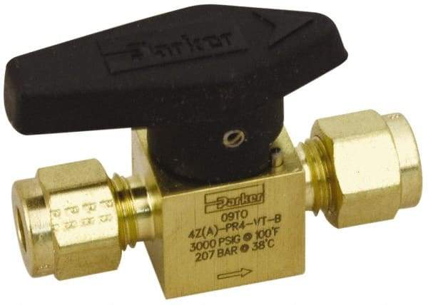 Parker - 1/2" Pipe, 3,000 psi WOG Rating, Brass, Inline, One Way Instrumentation Plug Valve - Wedge Handle, Compression x Compression CPI End Connections, Viton Seal - Exact Industrial Supply