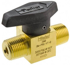 Parker - 1/8" Pipe, 3,000 psi WOG Rating, Brass, Inline, One Way Instrumentation Plug Valve - Wedge Handle, MNPT x MNPT End Connections, Viton Seal - Exact Industrial Supply