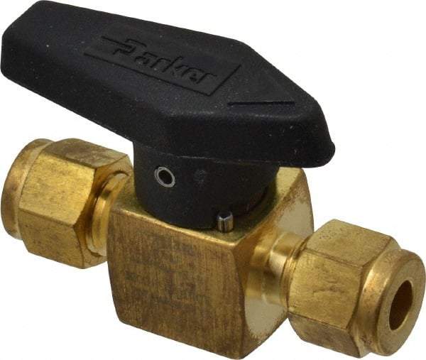 Parker - 1/4" Pipe, 3,000 psi WOG Rating, Brass, Inline, One Way Instrumentation Plug Valve - Wedge Handle, Viton Seal - Exact Industrial Supply