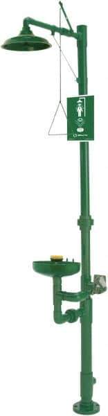 Haws - 1-1/4" Inlet, 20 GPM shower Flow, Drench shower, Eye & Face Wash Station - Bowl, Triangular Pull Rod & Push Flag Activated, PVC Pipe, Plastic Shower Head, 3.7 GPM Bowl Flow, Corrosion Resistant, Top or Mid Supply - Exact Industrial Supply