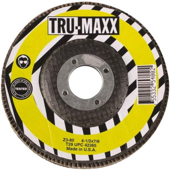 Tru-Maxx - 40 Grit, 4-1/2" Disc Diam, 7/8" Center Hole, Type 29 Flap Disc - 13,300 Max RPM, Arbor Attaching System, Coated - Exact Industrial Supply
