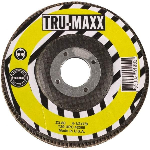 Tru-Maxx - 120 Grit, 4-1/2" Disc Diam, 7/8" Center Hole, Type 29 Flap Disc - 13,300 Max RPM, Arbor Attaching System, Coated - Exact Industrial Supply