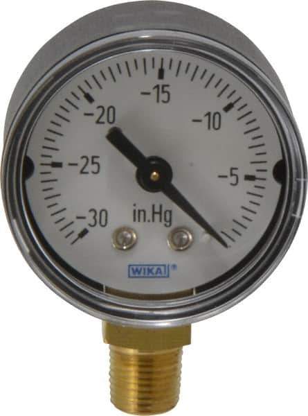 Wika - 1-1/2" Dial, 1/8 Thread, 30-0 Scale Range, Pressure Gauge - Lower Connection Mount, Accurate to 3-2-3% of Scale - Exact Industrial Supply