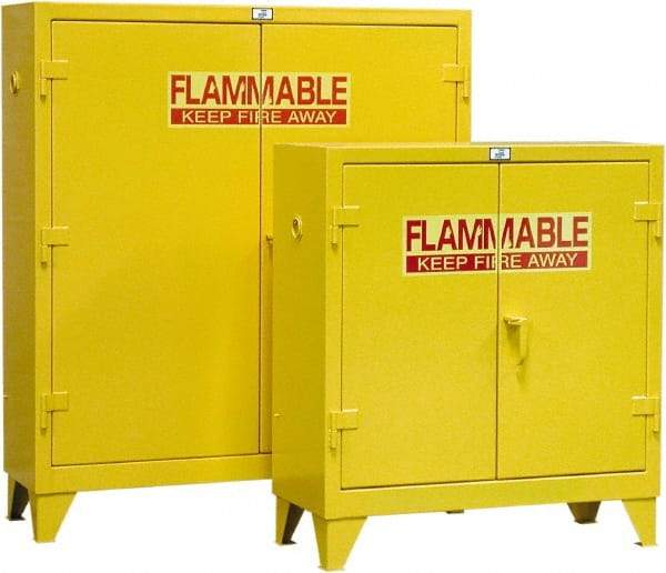 Strong Hold - 2 Door, 3 Shelf, Yellow Steel Standard Safety Cabinet for Flammable and Combustible Liquids - 65" High x 58" Wide x 18" Deep, Manual Closing Door, 60 Gal Capacity - Exact Industrial Supply