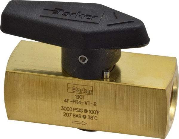 Parker - 1/4" Pipe, 3,000 psi WOG Rating, Brass, Inline, One Way Instrumentation Plug Valve - Wedge Handle, FNPT x FNPT End Connections, Viton Seal - Exact Industrial Supply