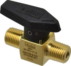 Parker - 1/4" Pipe, 3,000 psi WOG Rating, Brass, Inline, One Way Instrumentation Plug Valve - Wedge Handle, MNPT x MNPT End Connections, Viton Seal - Exact Industrial Supply