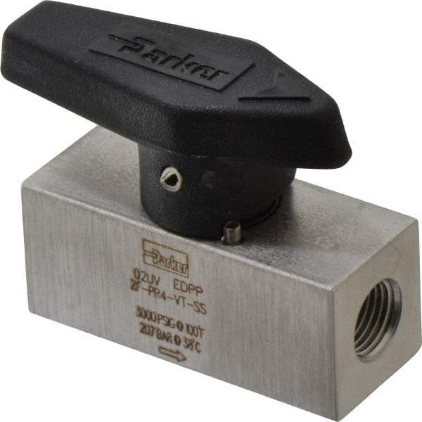 Parker - 1/8" Pipe, 3,000 psi WOG Rating, 316 Stainless Steel, Inline, One Way Instrumentation Plug Valve - Wedge Handle, FNPT x FNPT End Connections, Viton Seal - Exact Industrial Supply