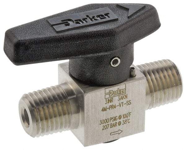 Parker - 1/8" Pipe, 3,000 psi WOG Rating, 316 Stainless Steel, Inline, One Way Instrumentation Plug Valve - Wedge Handle, MNPT x MNPT End Connections, Viton Seal - Exact Industrial Supply