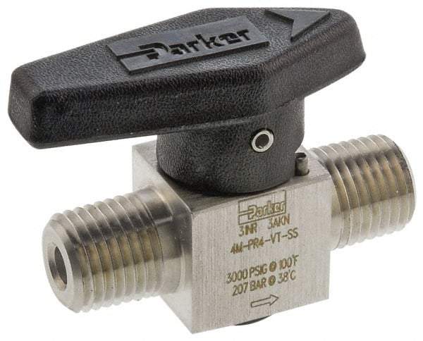 Parker - 1/2" Pipe, 3,000 psi WOG Rating, 316 Stainless Steel, Inline, One Way Instrumentation Plug Valve - Wedge Handle, MNPT x MNPT End Connections, Viton Seal - Exact Industrial Supply