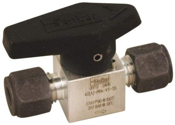 Parker - 1/4" Pipe, 3,000 psi WOG Rating, 316 Stainless Steel, Inline, One Way Instrumentation Plug Valve - Wedge Handle, Compression x Compression CPI End Connections, Viton Seal - Exact Industrial Supply
