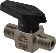 Parker - 1/4" Pipe, 3,000 psi WOG Rating, 316 Stainless Steel, Inline, One Way Instrumentation Plug Valve - Wedge Handle, MNPT x MNPT End Connections, Viton Seal - Exact Industrial Supply