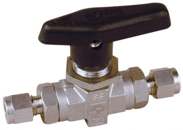 Parker - 1/2" Pipe, Stainless Steel, Inline, Two Way Flow, Instrumentation Ball Valve - 6,000 psi WOG Rating, Wedge Handle, PTFE Seal, PTFE Seat - Exact Industrial Supply