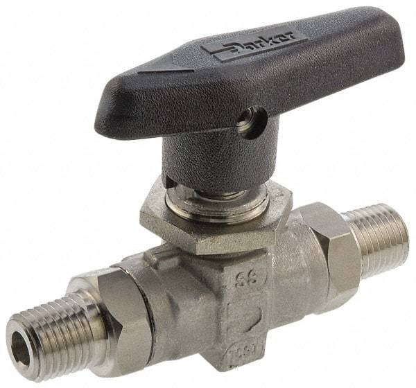 Parker - 3/8" Pipe, MNPT x MNPT End Connections, Stainless Steel, Inline, Two Way Flow, Instrumentation Ball Valve - 6,000 psi WOG Rating, Wedge Handle, PTFE Seal, PTFE Seat - Exact Industrial Supply