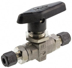 Parker - 1/4" Pipe, Compression x Compression CPI End Connections, Stainless Steel, Inline, Two Way Flow, Instrumentation Ball Valve - 6,000 psi WOG Rating, Wedge Handle, PTFE Seal, PTFE Seat - Exact Industrial Supply