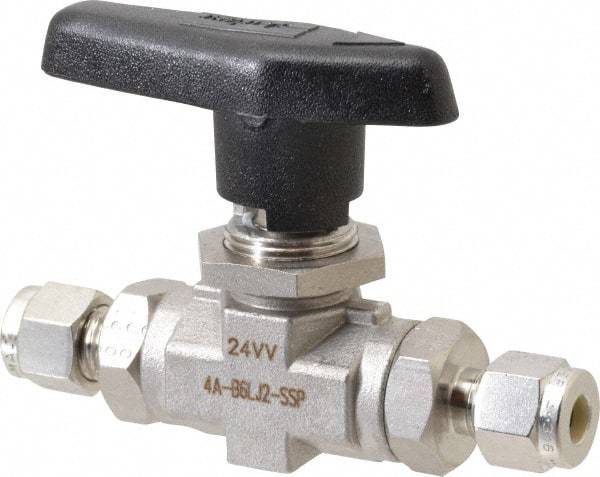Parker - 1/4" Pipe, Stainless Steel, Inline, Two Way Flow, Instrumentation Ball Valve - 6,000 psi WOG Rating, Wedge Handle, PTFE Seal, PTFE Seat - Exact Industrial Supply