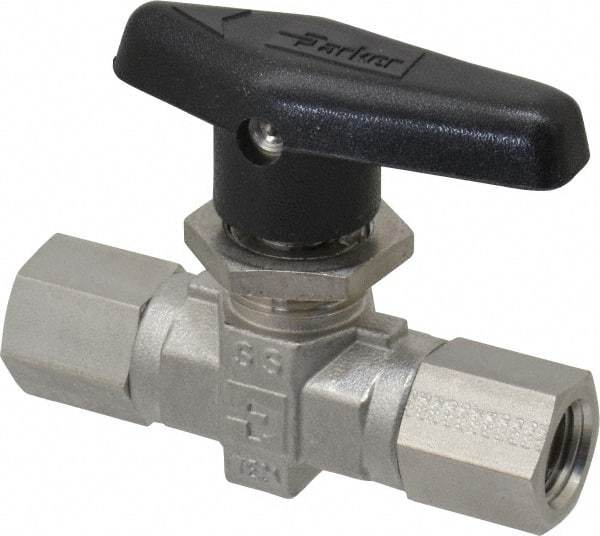 Parker - 1/4" Pipe, FNPT x FNPT End Connections, Stainless Steel, Inline, Two Way Flow, Instrumentation Ball Valve - 6,000 psi WOG Rating, Wedge Handle, PTFE Seal, PTFE Seat - Exact Industrial Supply