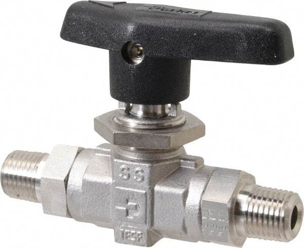 Parker - 1/4" Pipe, MNPT x MNPT End Connections, Stainless Steel, Inline, Two Way Flow, Instrumentation Ball Valve - 6,000 psi WOG Rating, Wedge Handle, PTFE Seal, PTFE Seat - Exact Industrial Supply