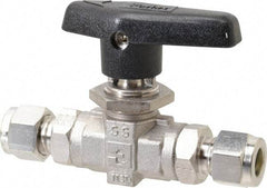 Parker - 3/8" Pipe, Stainless Steel, Inline, Two Way Flow, Instrumentation Ball Valve - 6,000 psi WOG Rating, Wedge Handle, PTFE Seal, PTFE Seat - Exact Industrial Supply