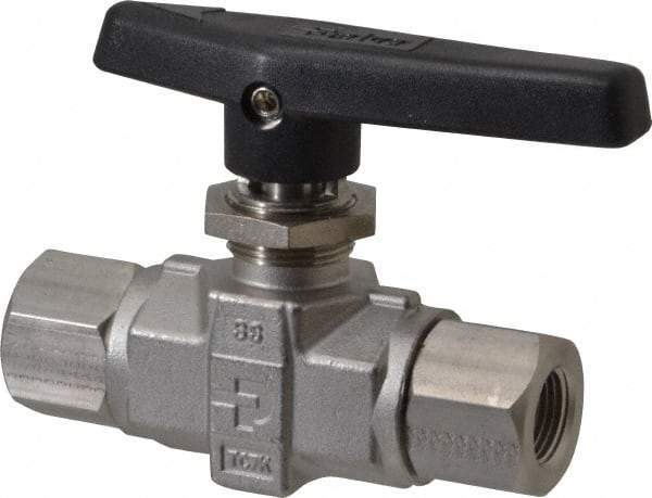 Parker - 3/8" Pipe, FNPT x FNPT End Connections, Stainless Steel, Inline, Two Way Flow, Instrumentation Ball Valve - 6,000 psi WOG Rating, Wedge Handle, PTFE Seal, PTFE Seat - Exact Industrial Supply