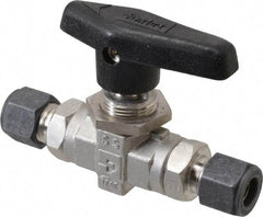 Parker - 3/8" Pipe, Compression x Compression CPI End Connections, Stainless Steel, Inline, Two Way Flow, Instrumentation Ball Valve - 6,000 psi WOG Rating, Wedge Handle, PTFE Seal, PTFE Seat - Exact Industrial Supply